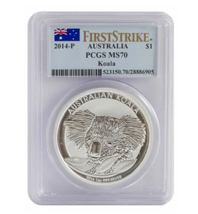 2014-P $1 1oz Australian Silver Koala MS70 PCGS Perth Mint Coin- First Strike Flag