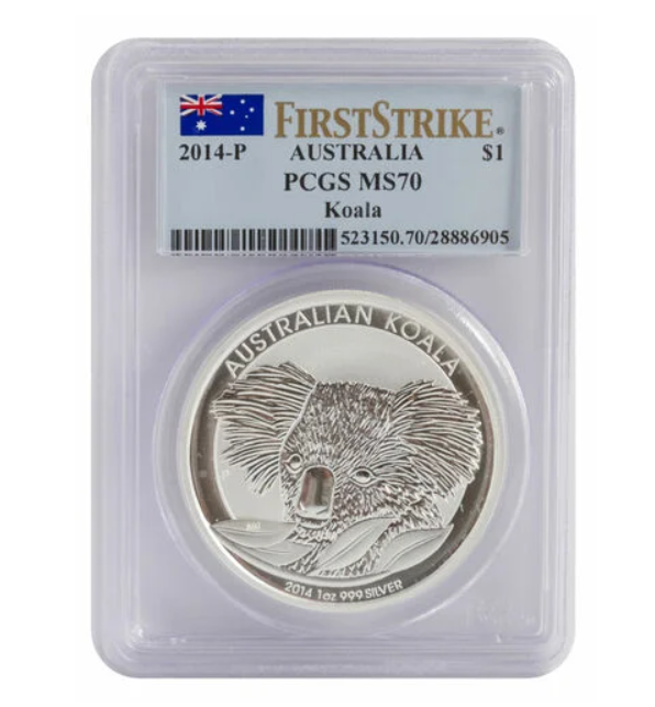 2014-P $1 1oz Australian Silver Koala MS70 PCGS Perth Mint Coin- First Strike Flag