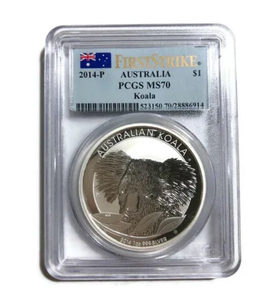 2014-P $1 1oz Australian Silver Koala MS70 PCGS Perth Mint Coin- First Strike Flag