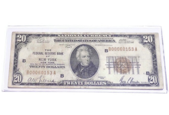 1929 $20  National Currency Brown Seal Bank Note, New York NY  Bill  VG-Rare