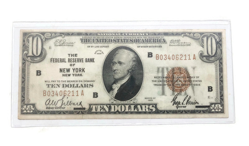 1929 BROWN SEAL - $10 NATIONAL CURRENCY - NEW YORK, NY BANK/ EF