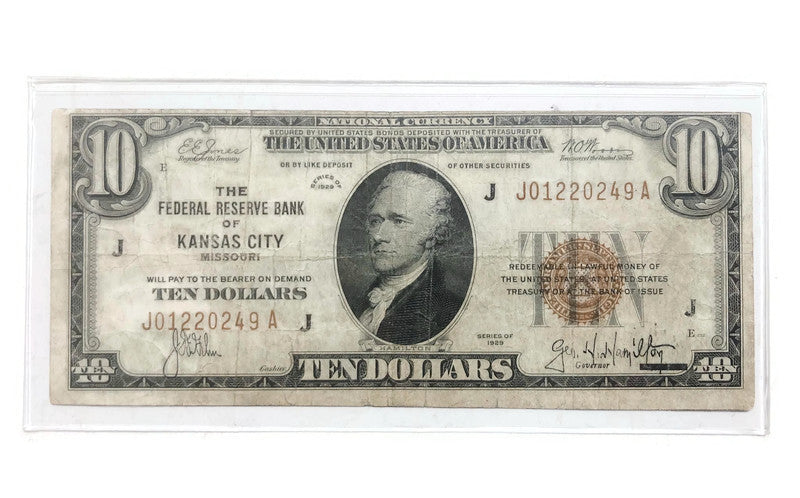 1929 BROWN SEAL - $10 NATIONAL CURRENCY - KANSAS CITY, MISSOURI BANK/ VG