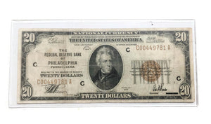 1929 $20 NATIONAL CURRENCY BROWN SEAL BANK NOTE, PHILADELPHIA, PA BILL VG-RARE