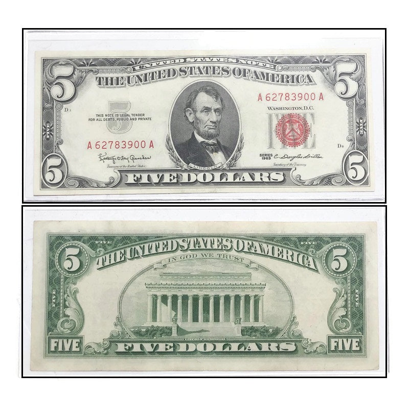 Series 1963 $5 Five Dollar Note Red Seal High Grade Almost UNC *Random* AU