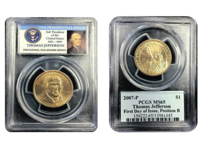 2007-P,D PCGS MS66 Thomas Jefferson Dollar 3rd President First Day of Issue Position A,B