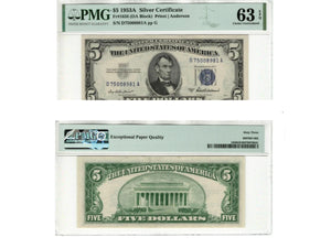 1953 A $5 SILVER CERTIFICATE NOTE FR.1656 DA BLOCK PMG CHOICE UNC 63 EPQ