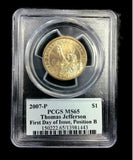 2007-P,D PCGS MS66 Thomas Jefferson Dollar 3rd President First Day of Issue Position A,B